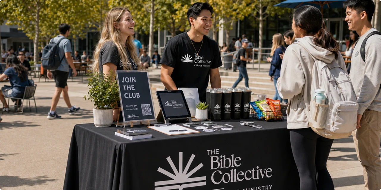 College students talking at a Bible Collective campus outreach table